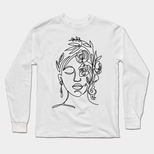 Female Face Line Art Drawing Long Sleeve T-Shirt